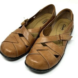 Clarks Bendables Tan Leather Criss Cross Strap Comfort Shoes Sz 10